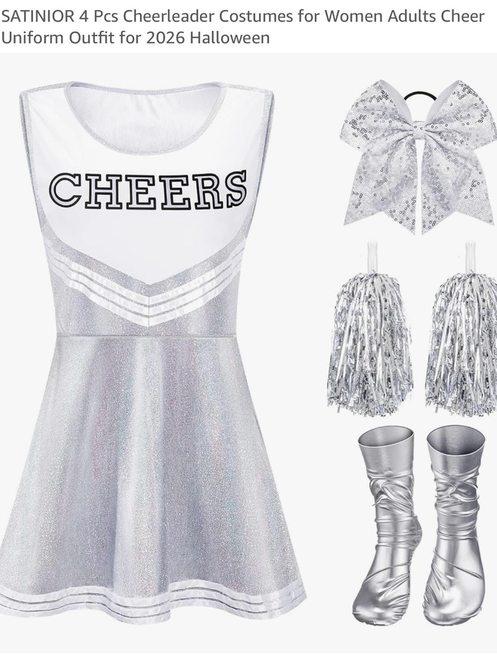 Silver Cheerleader Costume Set with Pom Poms and Bow. NIB. Size XL
